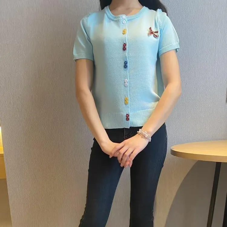 彩色纽扣针织开衫短袖女夏季薄款设计感小众2025新款T恤宽松百搭