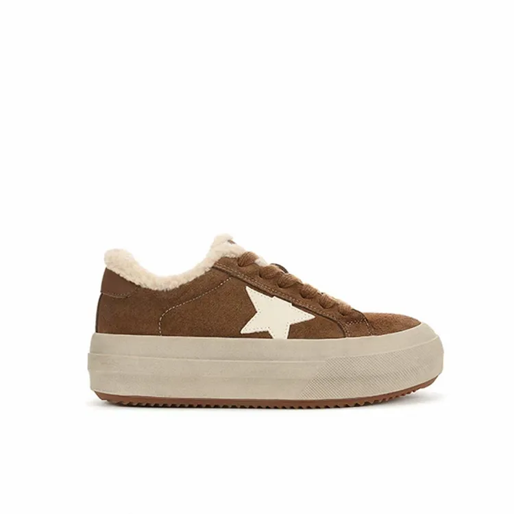 圆头星星棕色德训鞋女2025秋冬爆款厚底加绒保暖阔腿裤必备阿甘鞋