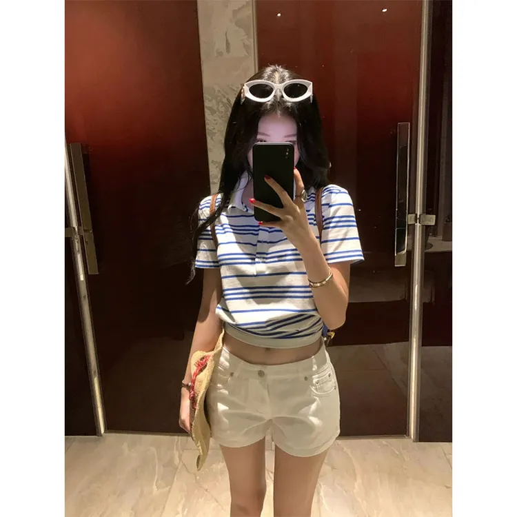 韩系穿搭Polo领蓝白条纹短袖绑带百搭上衣显瘦白色休闲短裤两件套