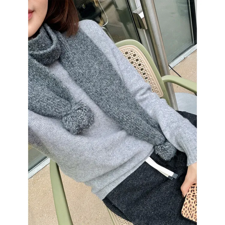 【唐悠悠】羊毛混纱加厚保暖设计感可爱毛球围脖女秋冬款简约围巾