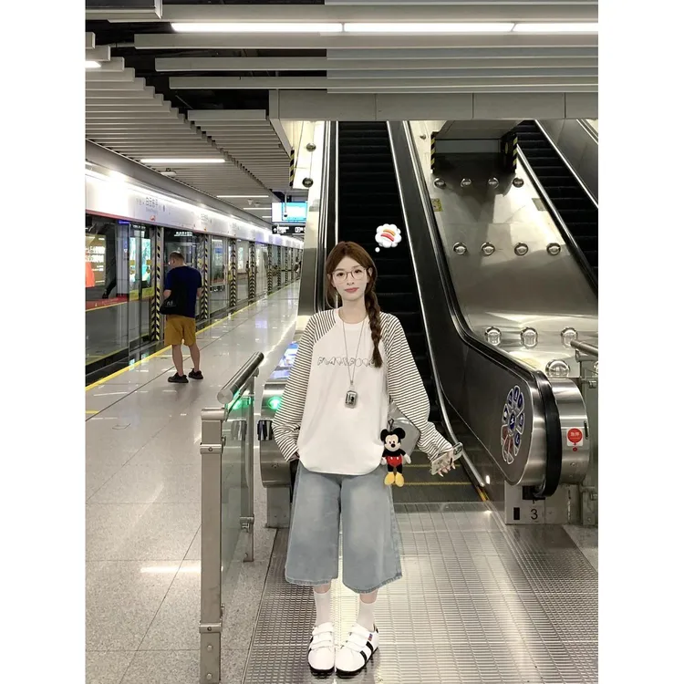 100%纯棉个性韩版条纹长袖t恤女秋季宽松休闲百搭减龄通勤上衣服