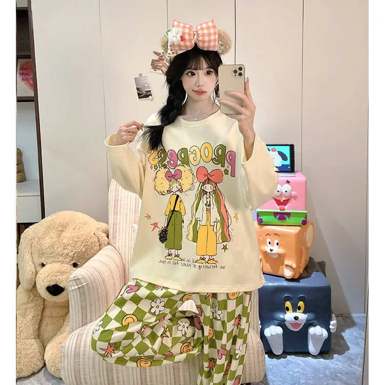 芯语婷春秋季新款字母小女孩女士睡衣长袖甜美家居服套装可外穿
