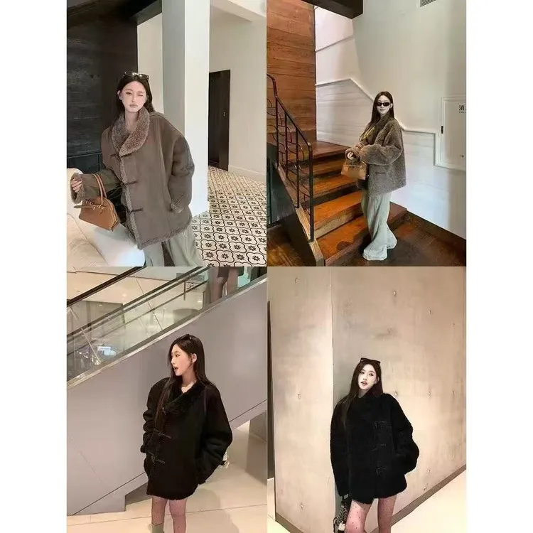 女装牛角扣宽松型双面穿皮毛一体秋冬外套女极简中长款