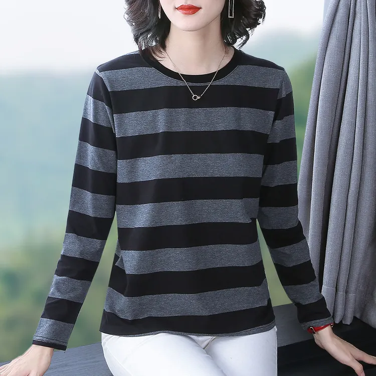 2025条纹大码长袖恤女士春秋新款大码体恤上衣宽松显瘦妈妈装打底