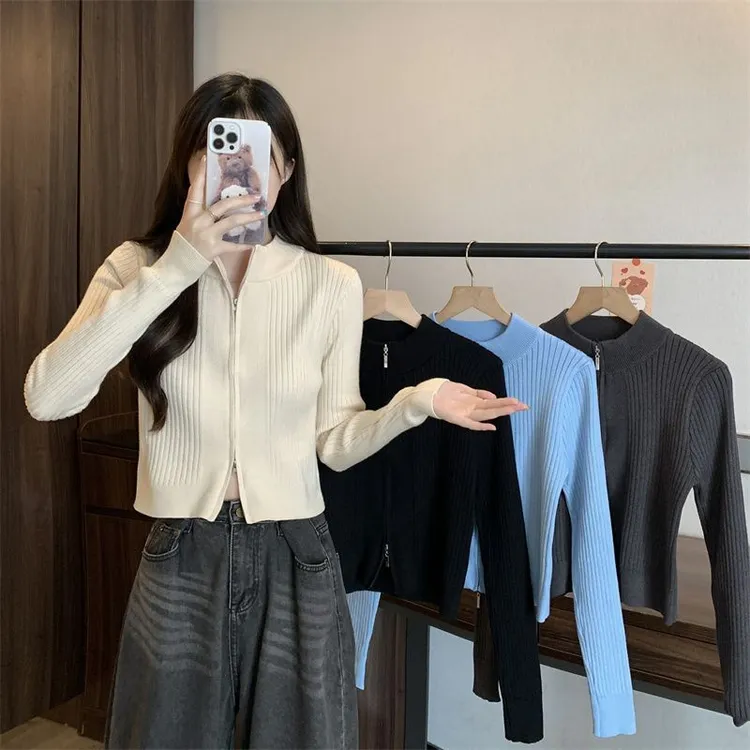 半高领双拉链针织开衫女秋冬短款潮汕毛衣外套高级感长袖修身上衣