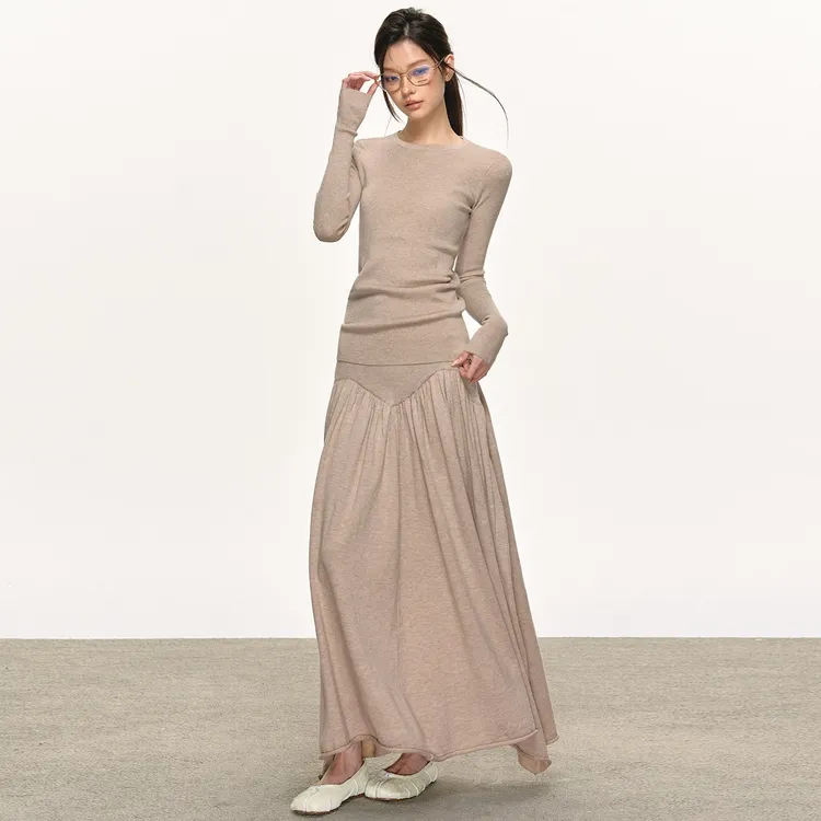 anna aneae燕麦色针织套装裙女春季修身显瘦打底衫包臀裙子两件套