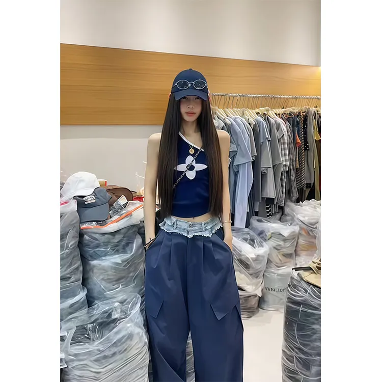 夏季新款修身显瘦小众设计感减龄斜肩上衣休闲简约时尚宽松长裤女