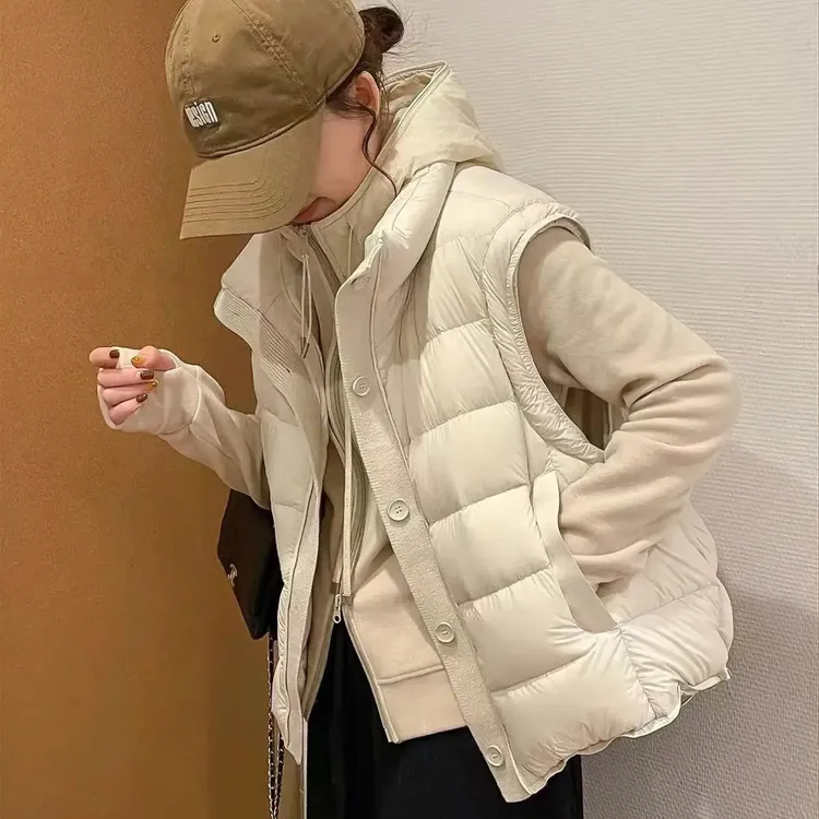 休闲网红韩版连帽白鸭绒马甲外套女2025秋冬立领羽绒马夹洋气坎肩