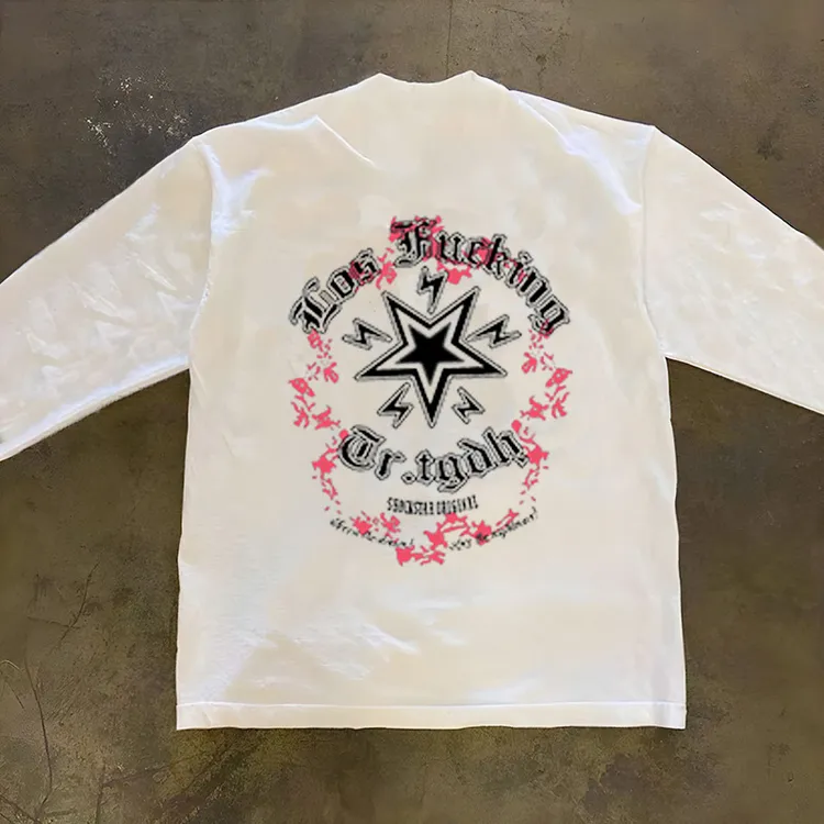 重磅纯棉高级感s时尚长袖复古高街星星字母印花男上衣美式嘻哈T恤