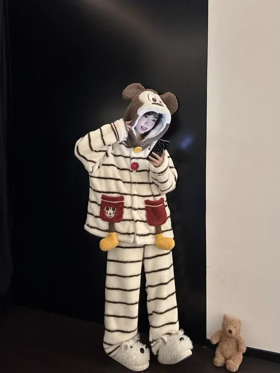 可爱少女风加厚连帽开衫米奇珊瑚绒睡衣女秋冬季款长裤家居服套装