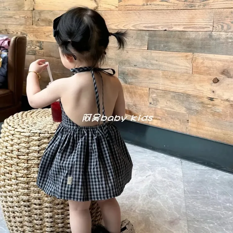 女童夏季连衣裙2025新款韩版童装挂脖露背吊带裙宝宝格子背心裙子
