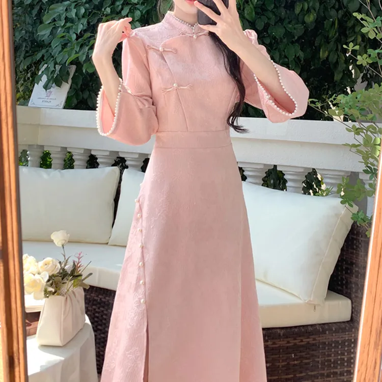 新中式国风优雅长袖连衣裙女春秋大码胖显瘦气质改良少女旗袍裙