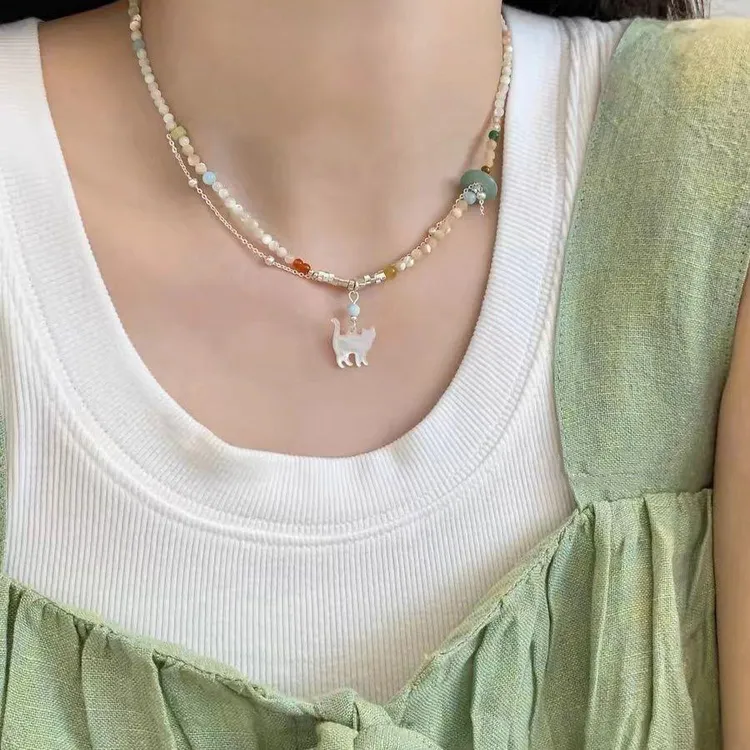 合金项链 多巴胺双层彩色串珠猫咪项链夏小清新创意百搭锁骨链女