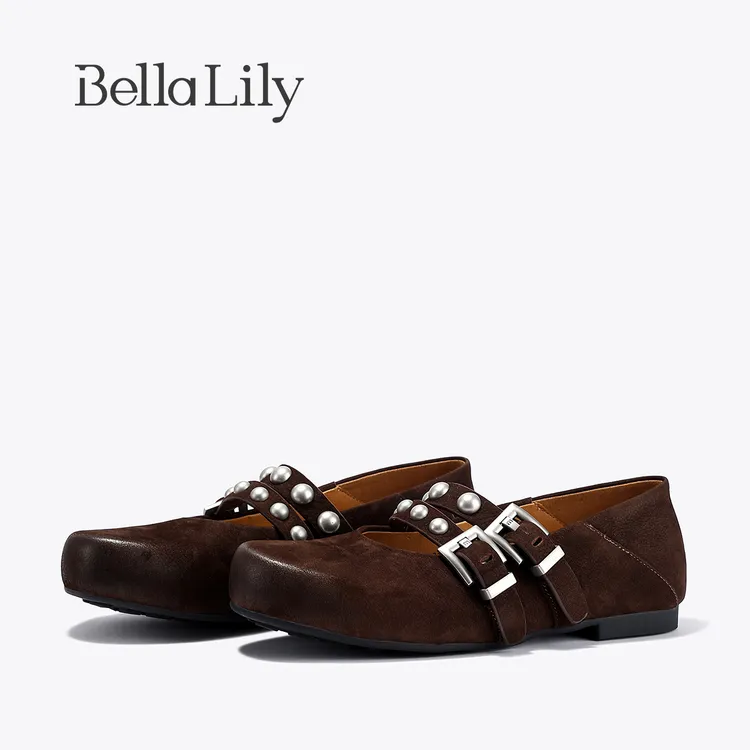 BellaLily2025秋季新款时髦玛丽珍单鞋女复古双扣带浅口平底单鞋