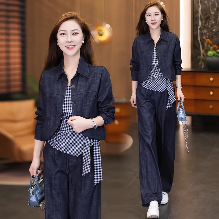 时尚洋气套装女2025秋季新款复古短款外套格子吊带阔腿裤三件套潮