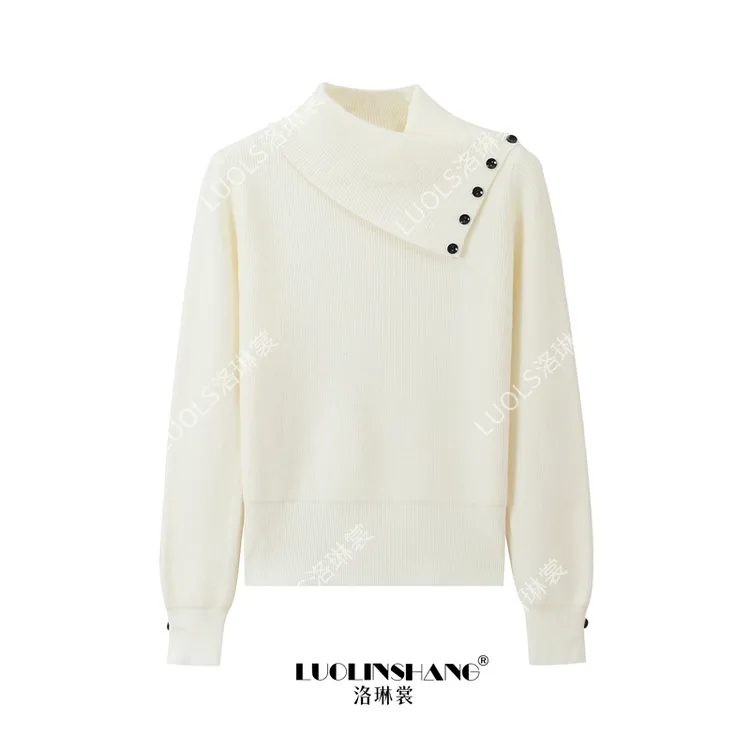 小众设计纽扣翻领针织毛衣2025秋冬新款不规则高领简约长袖上衣女