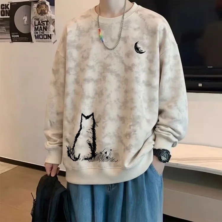 春秋季扎染圆领卫衣男生长袖打底衫潮牌宽松大码港风休闲套头外套