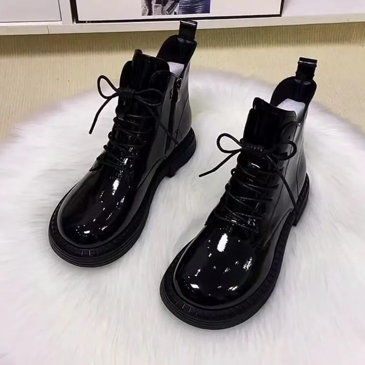 真皮平底马丁靴女2025新款秋冬漆皮时尚百搭单靴软底加绒保暖短靴