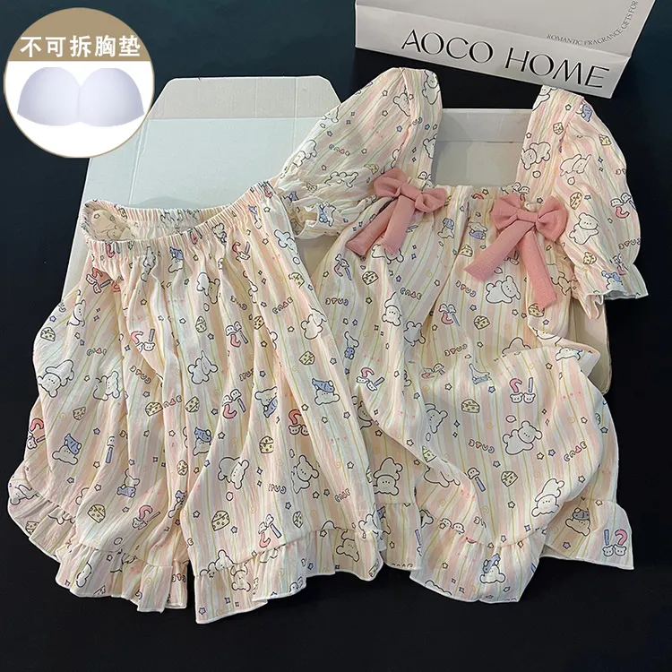 韩系可爱小狗睡衣女夏季新款带胸垫简约短袖短裤休闲宽松家居套装