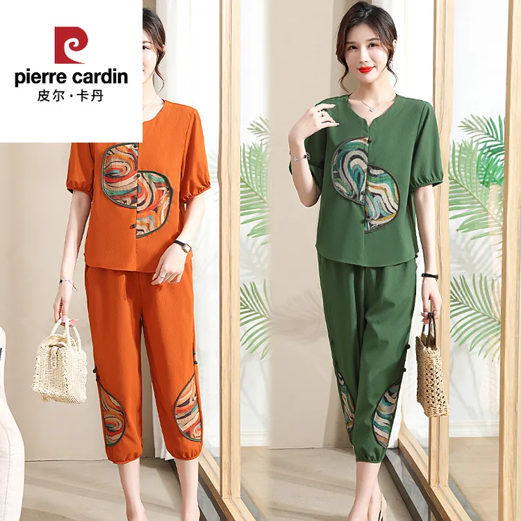 皮尔卡丹妈妈夏装套装时尚洋气中老年人女大码棉麻恤上衣休闲短袖