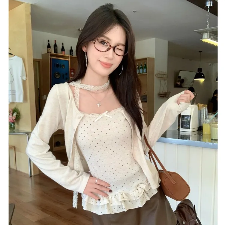 春秋款百搭老钱风女装吊带套装休闲时尚针织小碎花长袖外搭两件套