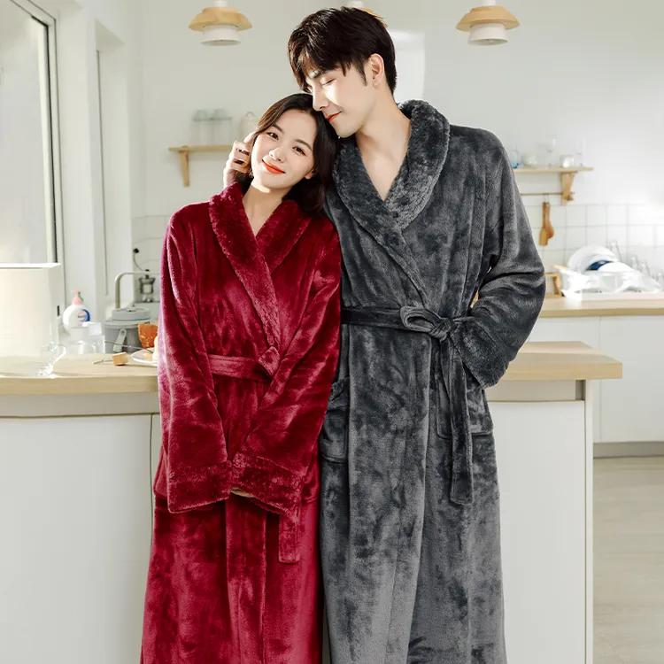睡袍女冬季法兰绒长款加厚保暖情侣款睡衣女秋浴袍男士珊瑚绒大码