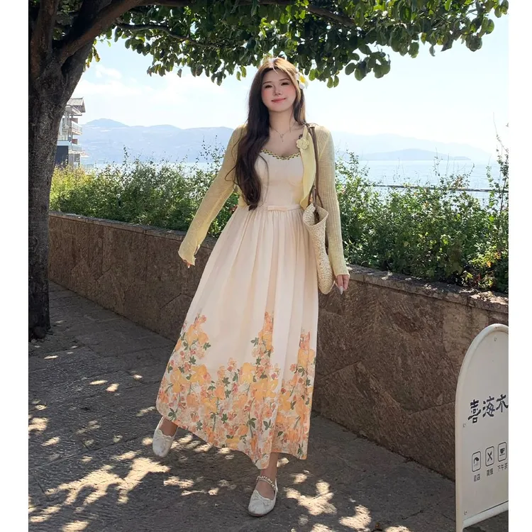 安妮不火【热带花藤】夏季新款A字大裙摆印花长款吊带裙A251Q0071