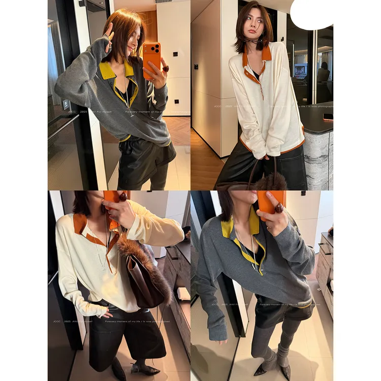 JCCC影子【解构调色盘】两色撞色拼接纽扣POLO针织长袖T恤JE5OBT10