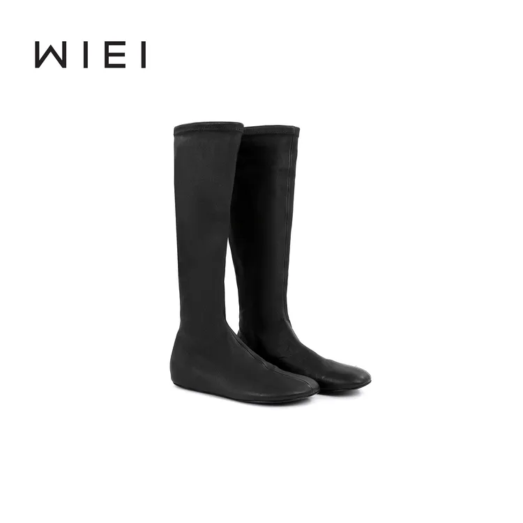 《WI EI》瘦瘦靴*琎口弹力羊皮复古方头套筒平底高筒靴 W25211135