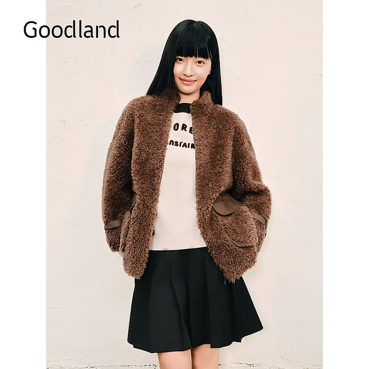 Goodland美地女装冬季复古立领保暖环保羊毛皮草大衣外套