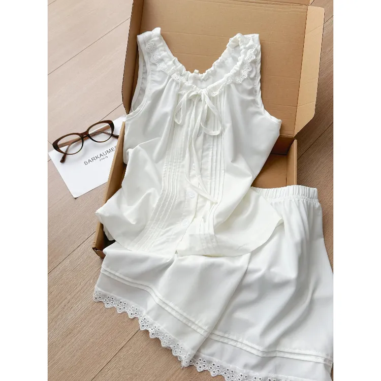 少女可爱简约纯色无袖背心睡衣女夏季新款蕾丝拼接短裤套装家居服