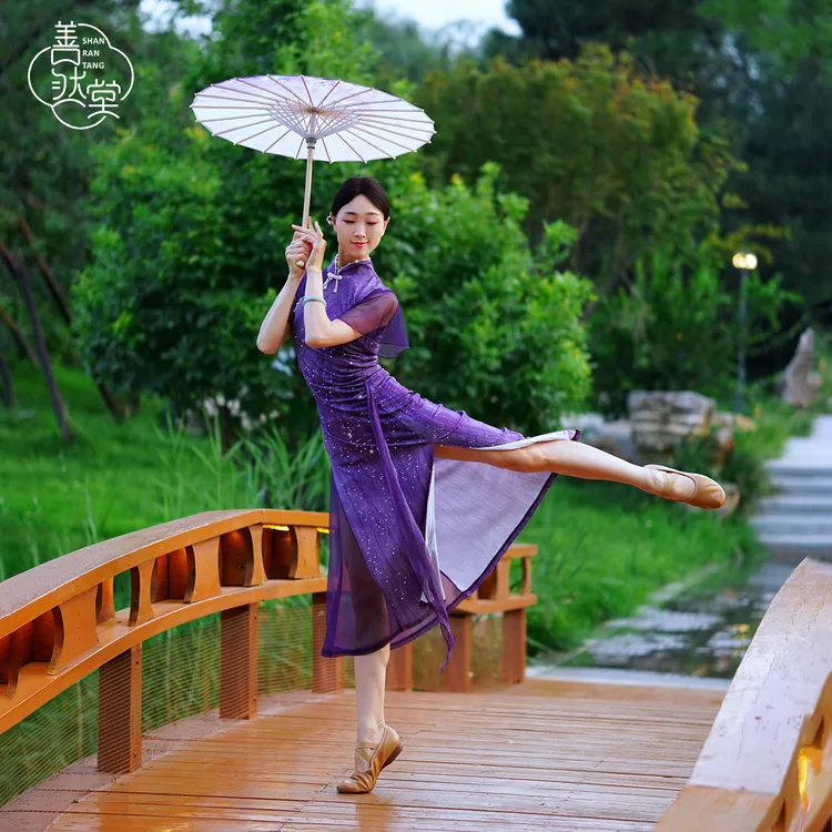 善然堂春夏新款古典舞旗袍舞蹈服装飘逸中国舞弹力紫色练功演出服