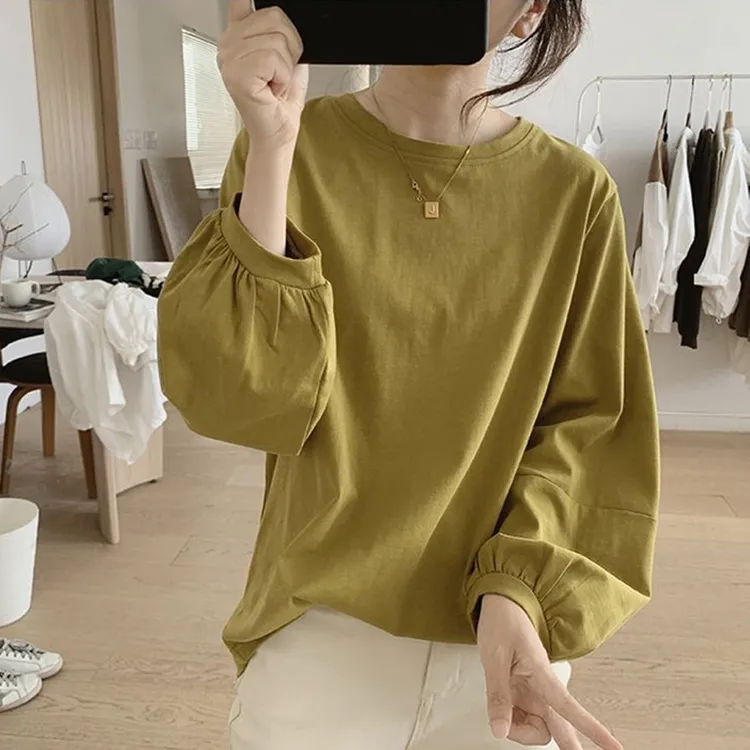 秋装纯棉灯笼袖九分袖T恤女式韩版宽松减龄上衣复古褶皱打底体恤