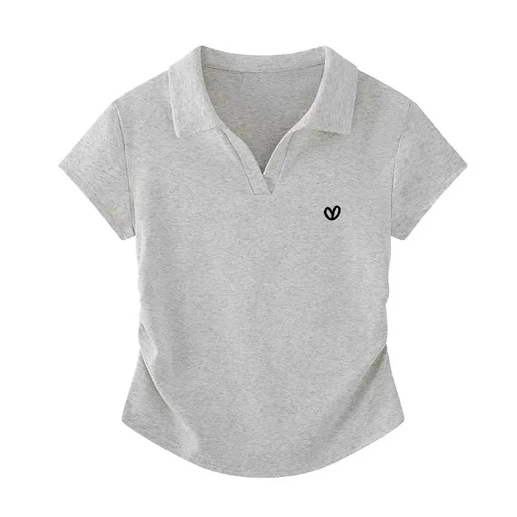 设计感翻领polo衫正肩短袖女上衣夏季辣妹v领修身褶皱灰色t恤短款