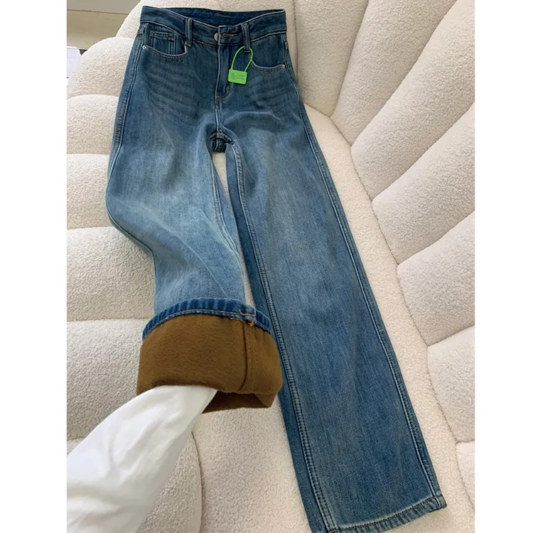 复古蓝加绒加厚保暖宽松直筒牛仔裤女秋冬新款高腰显瘦窄版阔腿裤