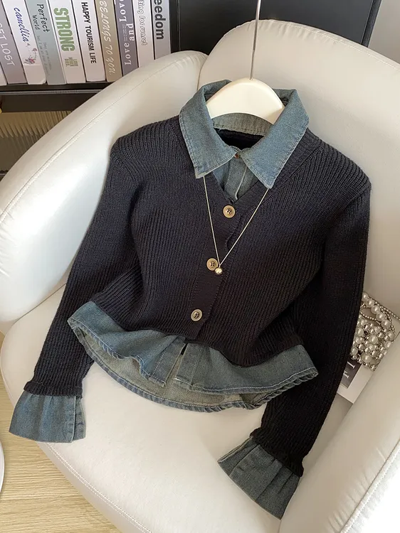 设计感假两件毛衣开衫女秋季慵懒复古拼接牛仔外套拼色翻领针织衫
