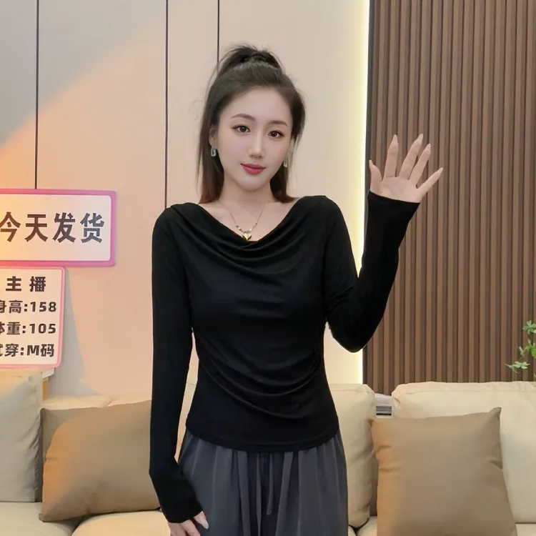2025新款黑色长袖T恤女春秋冬一字肩极简早秋装打底衫上衣0058-1