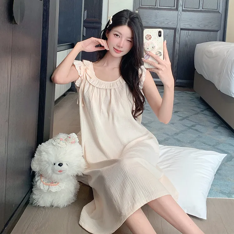 梭织棉睡裙女夏季甜美公主风2025新款宽松夏天少女睡衣裙家居服薄