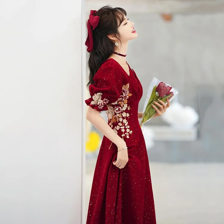 敬酒服新娘丝绒法式结婚订婚礼服女高端轻奢小众年会酒红色春夏季