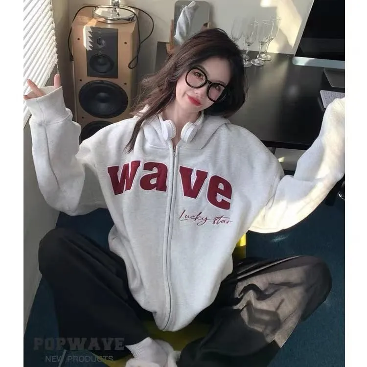 风美式复古潮牌连帽拉链卫衣女秋季新款宽松百搭开衫休闲外套女潮