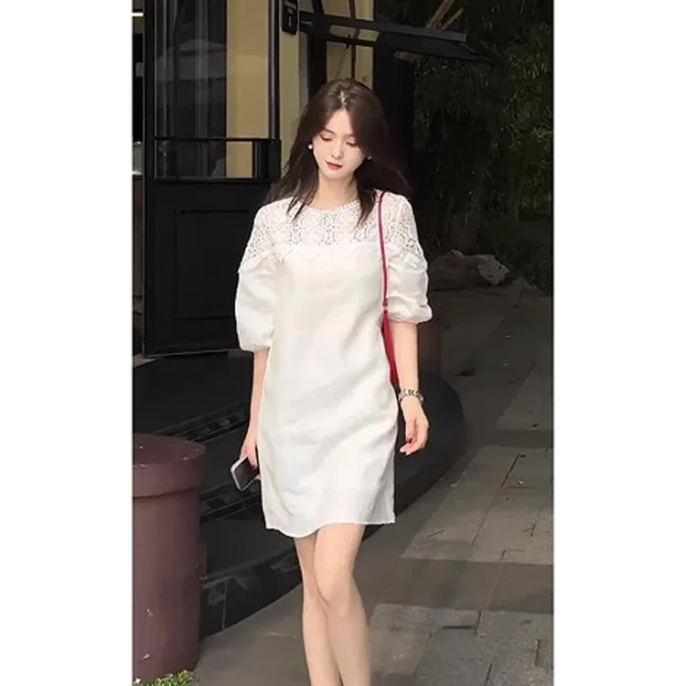 2025夏季法式新款镂空半袖设计感连衣裙女简约风高级感百搭长裙子