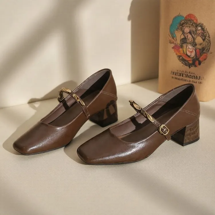 真皮~法式复古金属一字带玛丽珍鞋爆款粗跟黑色通勤工作单鞋皮鞋