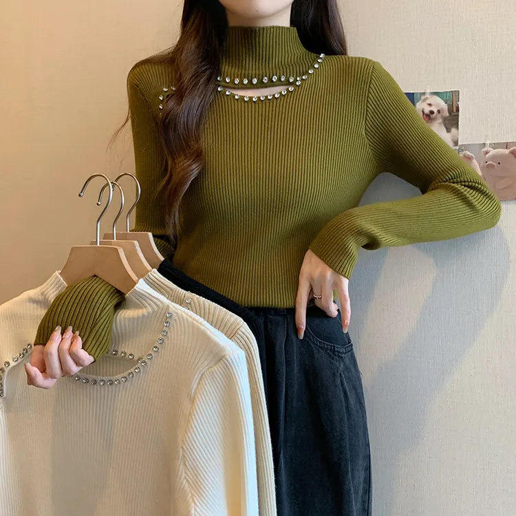 大码法式长袖针织衫毛衣女春秋胖mm半高领打底衫镂空钉珠内搭上衣