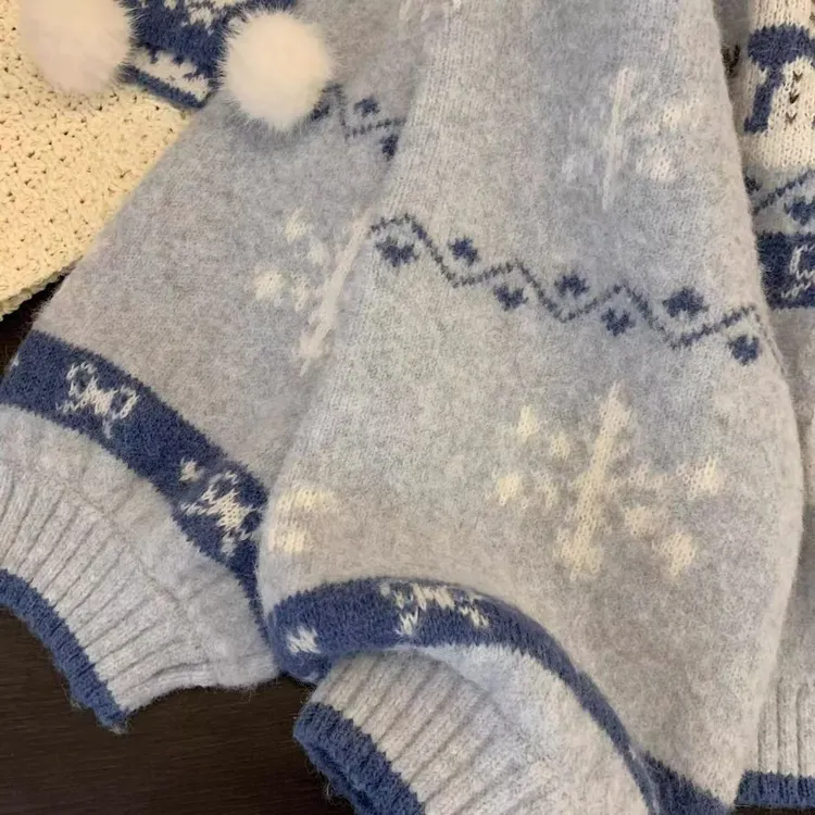 圣诞趣雪人圆领提花毛衣外套新款女秋冬宽松慵懒短款针织上衣开衫