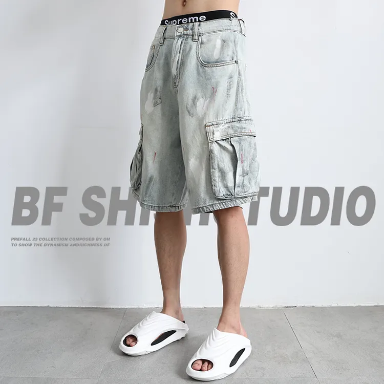 美式街头涂鸦泼漆牛仔短裤男士五分裤子夏季脏色洗宽松直筒工装裤