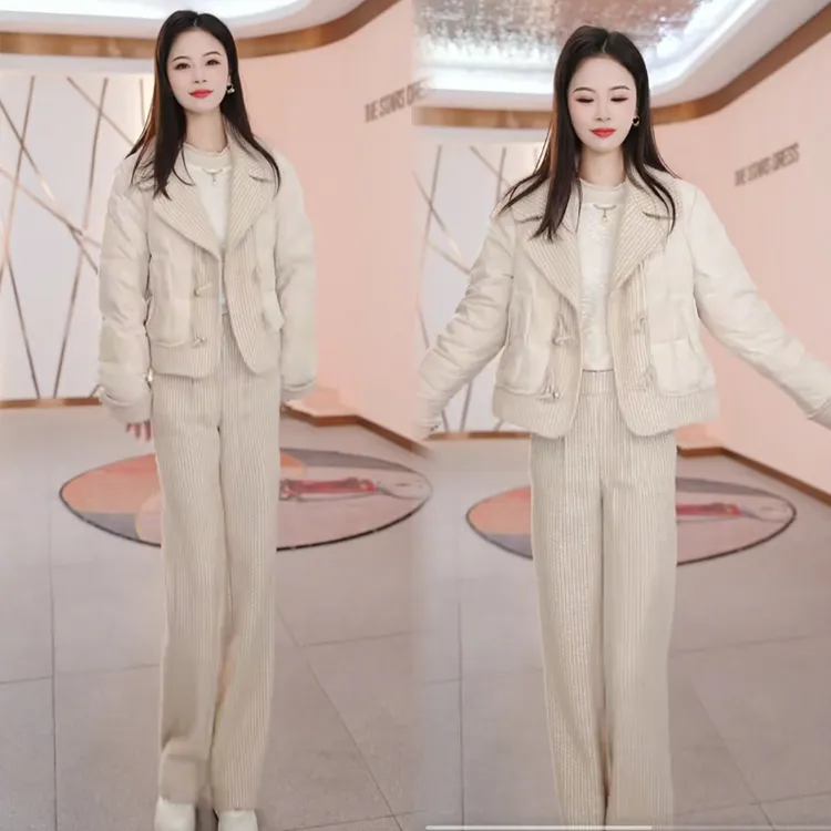 小香风时尚棉袄套装女冬季新款气质宽松加厚保暖棉服直筒裤两件套