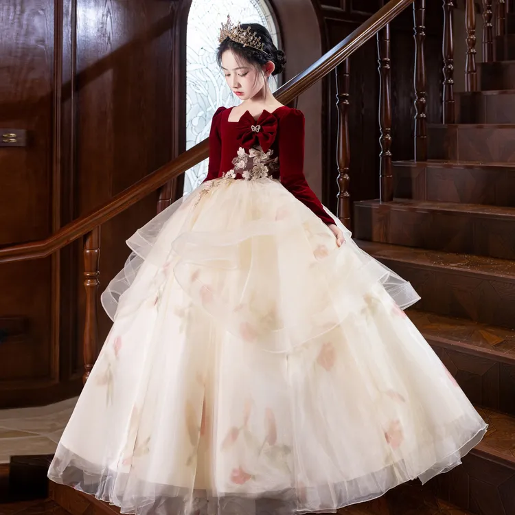 红色轻奢儿童礼服2025年秋冬小女孩钢琴演奏演出服女童生日公主裙