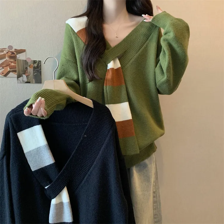 宽松慵懒风v领针织毛衣女显瘦遮肚子胖mm大码秋冬假两件条纹上衣