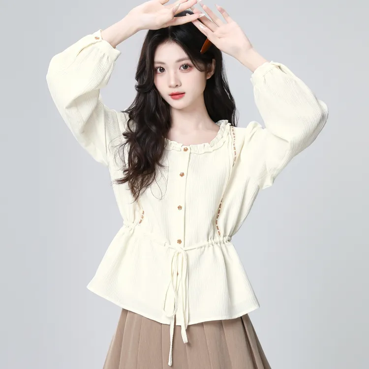 杏色收腰系带长袖衬衫女早秋2025春秋新款法式温柔风衬衣别致上衣