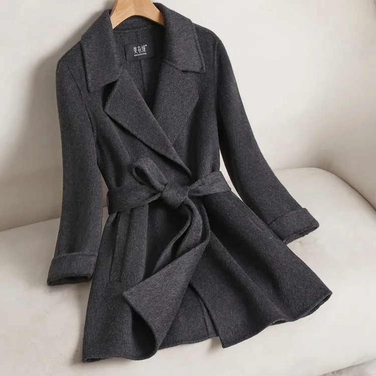 灰色短款双面羊绒大衣女2025年秋冬季新款小个子高级感羊毛呢外套